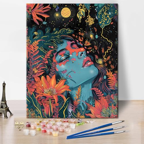 TISHIRON DIY Malen Nach Zahlen für Erwachsene Abstrakte Frauenporträts Ölmalerei Helle Farben und Blühende Blüten Malen Nach Zahlen Für Erwachsene Anfänger 16x20 Zoll von TISHIRON
