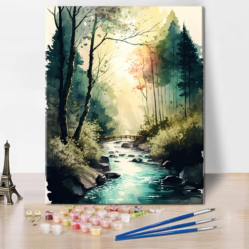 TISHIRON DIY Malen Nach Zahlen für Erwachsene Aquarell Gemälde eines Flusses im Wald Erwachsenen Malen Nach Zahlen Sets Naturlandschaft Kunst Öl Handgemälde Mal Sets Kunsthandwerk für Zuhause von TISHIRON