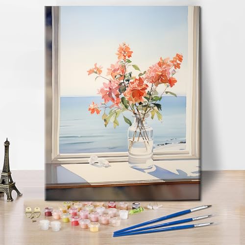 TISHIRON DIY Malen Nach Zahlen für Erwachsene Gemälde einer Vase mit Blumen auf der Fensterbank Erwachsenen Malen Nach Zahlen Sets Pflanzen Kunst Öl Handgemälde Mal Sets Kunsthandwerk für Zuhause von TISHIRON