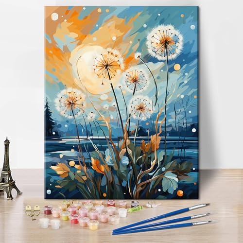 TISHIRON DIY Malen nach Zahlen, Löwenzahn Erwachsene Malen nach Zahlen, Feld mit Löwenzahn und See DIY Malen nach Zahlen Kit für Erwachsene Kinder Studenten Anfänger, Ölmalerei Kunst 16X20 Inch von TISHIRON