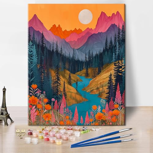 TISHIRON DIY Malen nach Zahlen Bergfluss Blumen Malen nach Zahlen für Erwachsene und Kinder mit Pinseln Sonnenuntergang Acrylmalerei nach Zahlen Kits auf Leinwand Kunsthandwerk 40 x 50 cm(rahmenlos) von TISHIRON