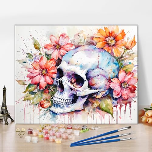 TISHIRON DIY Malen nach Zahlen Erwachsene, Erwachsene Malen nach Zahlen Kits Menschlicher Schädel mit Blumen, Ölmalerei nach Zahlen mit Pinseln, Kunsthandwerk 40 x 50 cm(rahmenlos) von TISHIRON