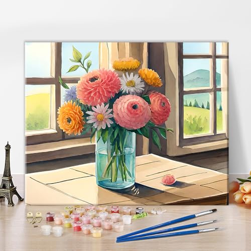 TISHIRON DIY Malen nach Zahlen Erwachsene Anfänger Vase Malen nach Zahlen Kits auf Leinwand mit Pinseln Blumen Acrylmalerei nach Zahlen Kunsthandwerk 40 x 50 cm(rahmenlos) von TISHIRON