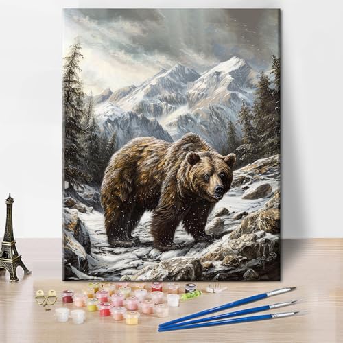 TISHIRON DIY Malen nach Zahlen Erwachsene Braunbär Erwachsene Malen nach Zahlen Kits auf Leinwand Schneeberge Malen nach Zahlen Kunsthandwerk Geschenk für Home Wall Deco 40 x 50 cm(rahmenlos) von TISHIRON