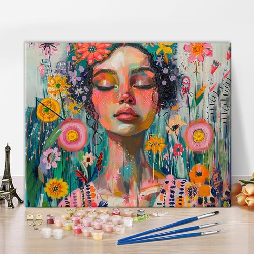 TISHIRON DIY Malen nach Zahlen Erwachsene Frau mit Blumen, Abstrakt Erwachsene Malen nach Zahlen Kits, Schöne Frauen Ölmalerei nach Zahlen mit Pinseln, Kunsthandwerk 40 x 50 cm(rahmenlos) von TISHIRON