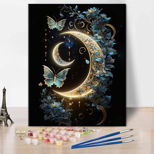 TISHIRON DIY Malen nach Zahlen Erwachsene Mond und Schmetterling Erwachsene Malen nach Zahlen Kits auf Leinwand Malen nach Zahlen Kunsthandwerk Geschenk für Home Wall Deco 40 x 50 cm(rahmenlos) von TISHIRON