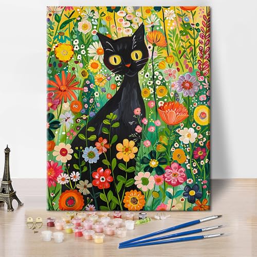 TISHIRON DIY Malen nach Zahlen Erwachsene Schwarze Katze, Erwachsene Malen nach Zahlen Kits Gartenlandschaft, Ölmalerei nach Zahlen mit Pinseln Katze im Blumenfeld 40 x 50 cm(rahmenlos) von TISHIRON