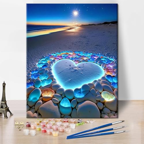 TISHIRON DIY Malen nach Zahlen Erwachsene Strand, Malen nach Zahlen auf Leinwand Herz Stein, Ölmalerei nach Zahlen für Home Seaside, Acrylmalerei Kunsthandwerk 40 x 50 cm(rahmenlos) von TISHIRON