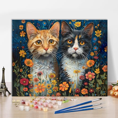 TISHIRON DIY Malen nach Zahlen Erwachsene Tiere Erwachsene Malen nach Zahlen Kits auf Leinwand Katzen mit Blumen Malen nach Zahlen Kunsthandwerk Geschenk für Home Wall Deco 40 x 50 cm(rahmenlos) von TISHIRON