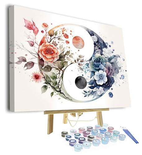 TISHIRON DIY Malen nach Zahlen für Erwachsene Abstraktes Blumen Yin Yang Symbol Malen nach Zahlen für Anfänger, Aquarellmeditationsölmalerei für die Wanddekoration zu Hause Umrahmt von TISHIRON