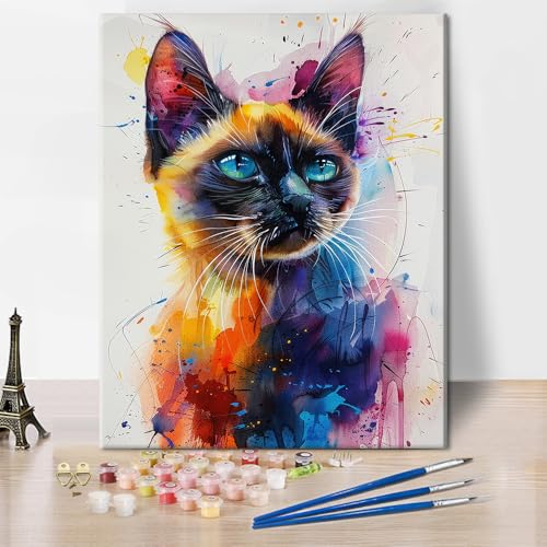TISHIRON DIY Malen nach Zahlen für Erwachsene Anfänger, Siamkatzen Porträt in Buntem Aquarellstil, Katzenliebhaber Geschenk Leinwandbild Wasserfarben Farbtafel 16x20 Zoll TISHIRON DIY Malen nach Zahlen für Erwachsene Anfänger, Siamkatzen Porträt in Buntem Aquarellstil, Katzenliebhaber Geschenk Leinwandbild Wasserfarben Farbtafel 16x20 Zoll von TISHIRON
