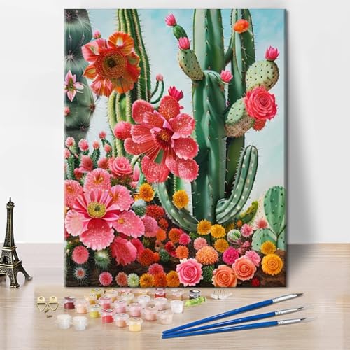 TISHIRON DIY Malen nach Zahlen für Erwachsene Kaktus und Blumen DIY Ölgemälde Pflanzen Malen nach Zahlen Kits Wanddekoration 16x20 inch (ohne Rahmen) von TISHIRON
