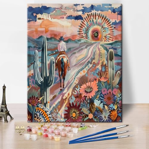 TISHIRON DIY Malen nach Zahlen für Erwachsene - Wüste mit Kakteenbäumen, Cowboy, Blume Aquarell Kit auf Leinwand - Vintage Kunsthandwerk von TISHIRON