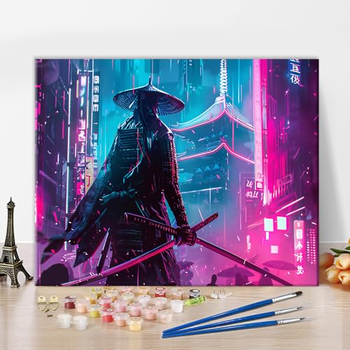 TISHIRON DIY Ölgemälde Kit Moderne Malerei eines Samurai Gemäldes Cyberpunk Fantasy Malen nach Zahlen für Erwachsene Anfänger mit Pinseln für die Wanddekoration zu Hause 16x20 Zoll von TISHIRON