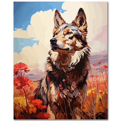 TISHIRON Dog Paint by Numbers Kit for Adults, Beautiful Animal Dog Paint by Numbers with Paintbrushes and Acrylic Pigment, Flower Field Paint by Numbers Kit for Adults Beginner 16x20 Inch Frameless von TISHIRON