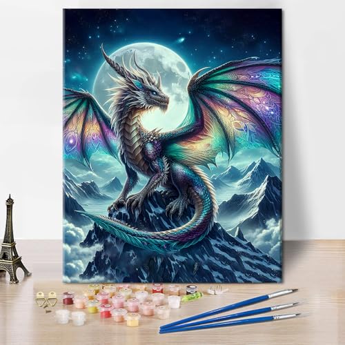 TISHIRON Drachen Malen nach Zahlen für Erwachsene, Tiere Ölmalerei Kit, Mond und Berg Malen nach Zahlen Kits auf Leinwand DIY Acrylmalerei, 40 x 50 cm(rahmenlose) von TISHIRON