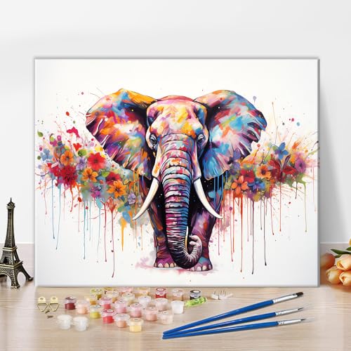 TISHIRON Elefant Malen nach Zahlen Erwachsene Tiere DIY Erwachsene Malen nach Zahlen Kits auf Leinwand Bunte blühende Blumen Öl Malen nach Zahlen Acrylmalerei 40 x 50 cm(rahmenlos) von TISHIRON