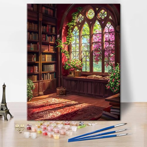 TISHIRON Fantasy Bibliothek Erwachsene Malen nach Zahlen, DIY Blühende Blumen Malen nach Zahlen für Erwachsene für Home Wall Decor Vintage Bücherregal 40 x 50 cm(rahmenlose) von TISHIRON