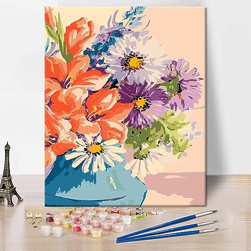 TISHIRON Farbe nach Zahlen Blumen, abstrakte DIY Malerei nach Zahlen Kits mit 3 Pinseln und Acrylfarbe, Blumenpflanzenfarbe nach Zahl für Erwachsene für Home Decor 16x20 inch (rahmenlos) von TISHIRON