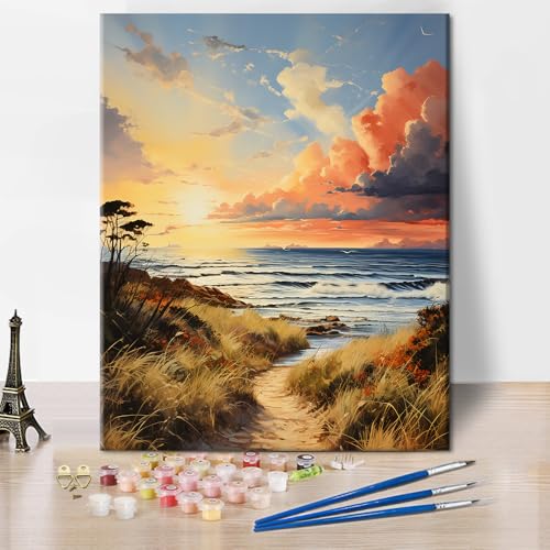 TISHIRON Farbtafel Set für Erwachsene, Strand Sonnenuntergang Malerei, Sand, Gras, Meereslandschaft zur Sonnenuntergang, Natur DIY Ölmalerei,Strand,Heimwanddekoration 40x50 cm (ohne Rahmen) von TISHIRON