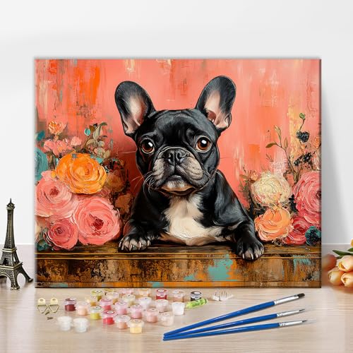 TISHIRON Französische Bulldogge Malen nach Zahlen für Erwachsene - Schwarzer Hund mit Blumen, 40x50 cm Tierporträt DIY Ölmalerei-Set für Zuhause Geschenk (ohne Rahmen) von TISHIRON