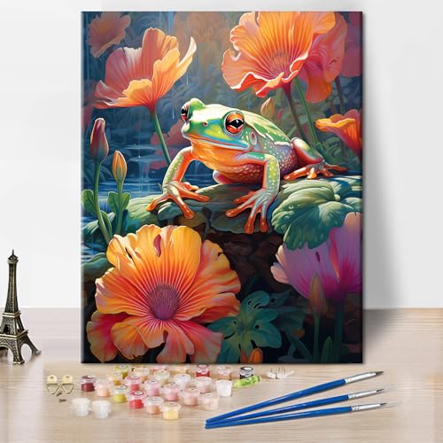 TISHIRON Frosch malen nach Zahlen für Erwachsene Frosch im Wasser DIY Ölfarbe nach Zahlen auf Leinwand Lotus Blatt Blume Kunsthandwerk mit Pinsel Acrylfarben für Kinder Home Decor Geschenk 16x20 Zoll von TISHIRON