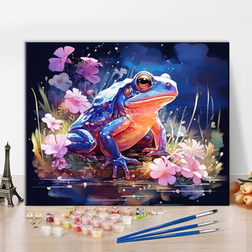 TISHIRON Froschfarbe nach Zahlen Blumen Farbe nach Zahlen Erwachsene Frosch und Blumen Farbe nach Zahlen Kit für Erwachsene Leinwand Malerei Kit mit Pinseln und Pigment DIY Ölgemälde Kit 16x20 Zoll von TISHIRON