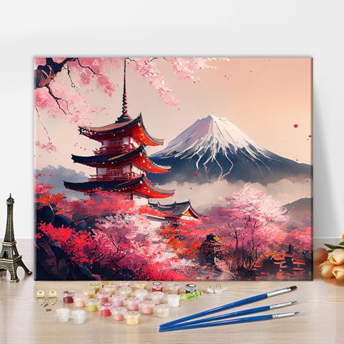 TISHIRON Fuji Malen nach Zahlen für Erwachsene - Adult Paint by Number Kits Landschaft, Acrylmalerei für Zuhause Wanddekoration Kirschblüten, Öl Hand Malerei Kunsthandwerk 40 x 50 cm(rahmenlose) von TISHIRON