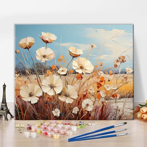 TISHIRON Gänseblümchen Malen nach Zahlen Erwachsene Gänseblümchen auf dem Indian Summer Field Malen nach Zahlen Kits Impressionismus Ölmalerei mit Pinsel und Pigment, 40x50 CM, Rahmenlos von TISHIRON