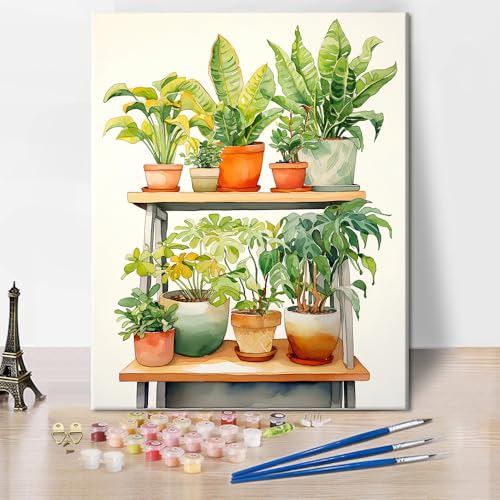 TISHIRON Grünes Malen Nach Zahlen Set für Erwachsene Hauspflanzen in Töpfen auf der Regalwand DIY Erwachsenen Malen Nach Zahlen Sets auf Leinwand Pflanzen Malen Nach Zahlen Ölmalerei Kunsthandwerk von TISHIRON