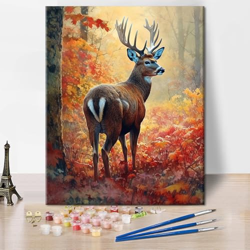 TISHIRON Hirsch Malen Nach Zahlen für Erwachsene, Tiere im Wald DIY Öl Leinwand Gemälde Set Gefallene Blätter Malen Malerei Heimwerk Kit Wanddekoration Ölgemälde für Anfänger 40x50 cm(Rahmenlos) von TISHIRON