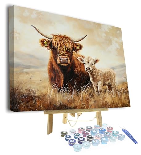 TISHIRON Hochlandkuh Malen nach Zahlen Erwachsene, Malen nach Zahlen Bausatz für Erwachsene Tiere, DIY Ölmalerei nach Zahlen für Zuhause Wanddekoration, Acrylmalerei Bausätze 40 x 50 cm(Rahmen) von TISHIRON