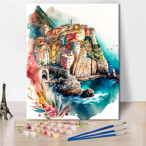 TISHIRON Italienisches Küstendorf Malen nach Zahlen für Erwachsene - Bunte Häuser am Meer, 40x50 cm Mediterranes DIY Ölmalerei-Set für Wanddekoration (ohne Rahmen) von TISHIRON