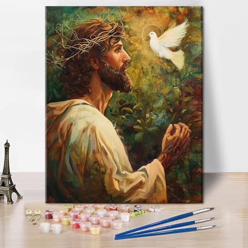 TISHIRON Jesus Malen nach Zahlen Erwachsene, DIY Weißtaube Öl Leinwand Gemälde Set, Religion Malen nach Zahlen Malerei Heimwerk Kit Wanddekoration Ölgemälde für Anfänger 40x50 cm von TISHIRON