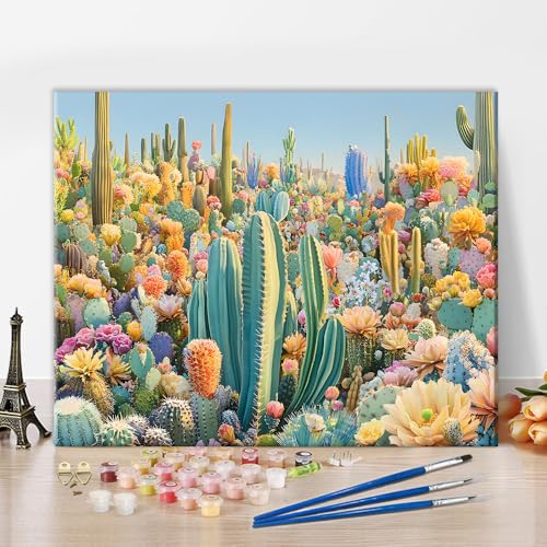 TISHIRON Kaktus Malen nach Zahlen Erwachsene, Wüstenpflanzen Malen nach Zahlen auf Leinwand, DIY blühende Kakteen Ölgemälde für Anfänger, Kunsthandwerk für Zuhause 40 x 50 cm(rahmenlose) von TISHIRON