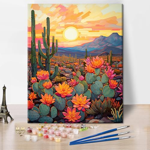 TISHIRON Kaktus Malen nach Zahlen für Erwachsene DIY Ölgemälde Set Sonnenuntergang Malen nach Zahlen auf Leinwand mit Pinseln und Acrylpigment für Wanddekoration Hause (Rahmenlos) 40 x 50 cm von TISHIRON