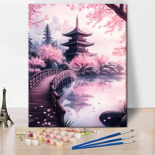TISHIRON Kirschblüte Malen nach Zahlen Erwachsene, Landschaft Ölgemälde für Zuhause Wanddekoration, Brücke und See Acryl Malen nach Zahlen Kits auf Leinwand Kunsthandwerk 40 x 50 cm(rahmenlose) von TISHIRON