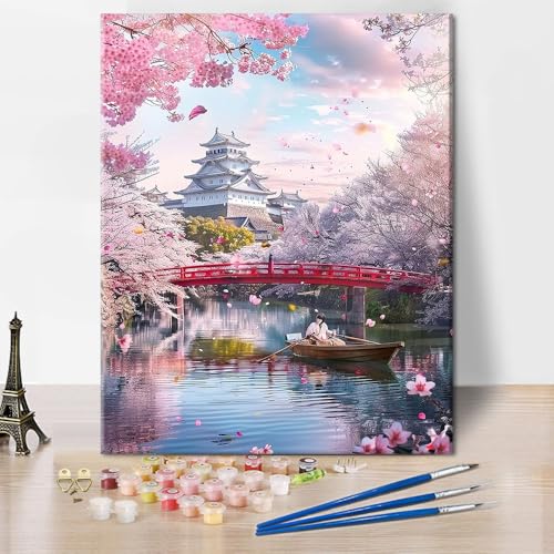 TISHIRON Kirschblüte Malen nach Zahlen für Erwachsene, DIY Landschaft Acryl Malen nach Zahlen Bausatz für Erwachsene, Blumen Öl Hand Malerei Malerei für Home Wall Decor 40 x 50 cm(rahmenlose) von TISHIRON