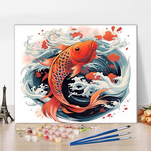 TISHIRON Koi Malen nach Zahlen Kit, Koi Fisch im Meer mit Wellen Malen nach Zahlen mit Pinseln und Pigment für Zuhause Wanddekoration, Koi und Meereswellen Ölgemälde, 40x50 CM, (Rahmenlos) von TISHIRON