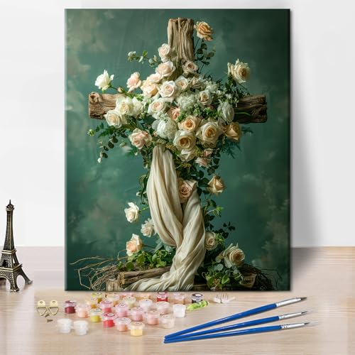 TISHIRON Kreuz Malen nach Zahlen, Elegantes Blumen-Kreuz und weiße Rosen Erwachsene Malen-nach-Zahlen-Sets, Blumen DIY Ölmalerei mit Pinsel und Pigment, Rosen Malen nach Zahlen, 40x50 CM, (Rahmenlos) TISHIRON Kreuz Malen nach Zahlen, Elegantes Blumen-Kreuz und weiße Rosen Erwachsene Malen-nach-Zahlen-Sets, Blumen DIY Ölmalerei mit Pinsel und Pigment, Rosen Malen nach Zahlen, 40x50 CM, (Rahmenlos) von TISHIRON
