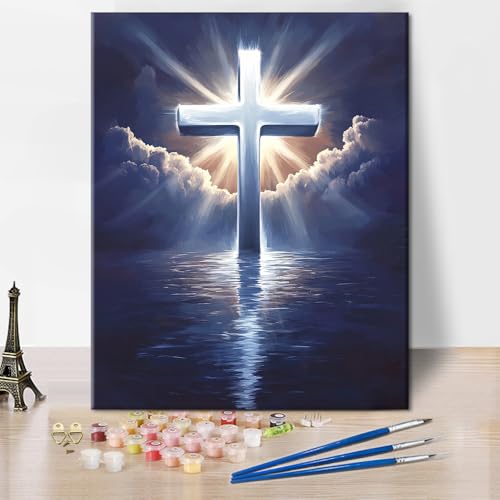 TISHIRON Kreuz Malen nach Zahlen für Erwachsene - Malen nach Zahlen für Erwachsene auf Leinwand Christlich, DIY Malen nach Zahlen Kits - Ölgemälde für Geschenk Wanddekoration 40 x 50 cm(rahmenlose) von TISHIRON