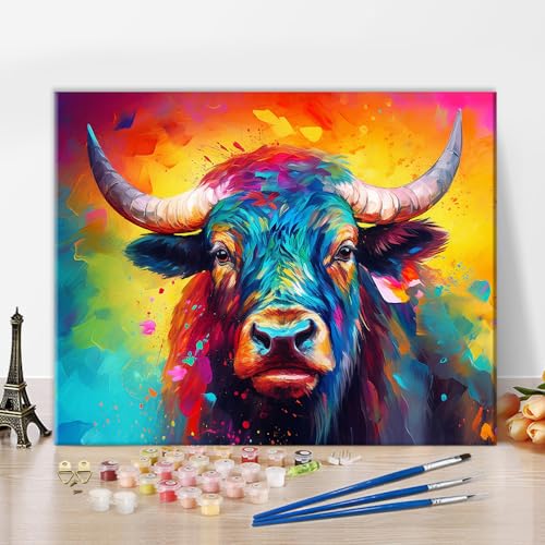 TISHIRON Kuh Malen nach Zahlen Kits, Malen nach Zahlen für Erwachsene Kinder Anfänger, abstrakte bunte Tier Ölgemälde nach Zahlen auf Leinwand mit Pinsel und Pigment, 16x20 Zoll, rahmenlos TISHIRON Kuh Malen nach Zahlen Kits, Malen nach Zahlen für Erwachsene Kinder Anfänger, abstrakte bunte Tier Ölgemälde nach Zahlen auf Leinwand mit Pinsel und Pigment, 16x20 Zoll, rahmenlos von TISHIRON