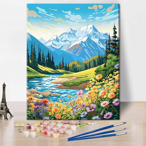 TISHIRON Landschaft Malen nach Zahlen Kit, Wasser des Flusses Blumen und Berge Malen nach Zahlen mit Pinseln und Pigment für Haus Wanddekoration, Ölgemälde, 40x50 CM, (Rahmenlos) von TISHIRON