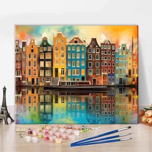 TISHIRON Landschaft Malen nach Zahlen Kit für Erwachsene Amsterdam Kanal Häuser in Regenbogenfarben Malen nach Zahlen mit Pinsel und Pigment, DIY Ölmalerei Kunsthandwerk, 40x50 CM von TISHIRON