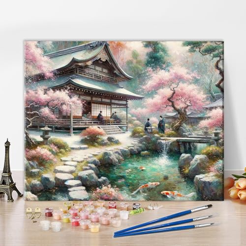 TISHIRON Landschaft Malen nach Zahlen für Erwachsene, DIY Kirschblüte Acryl Malerei für Home Wall Decor, Garten Malen nach Zahlen Bausatz auf Leinwand 40 x 50 cm(rahmenlose) von TISHIRON