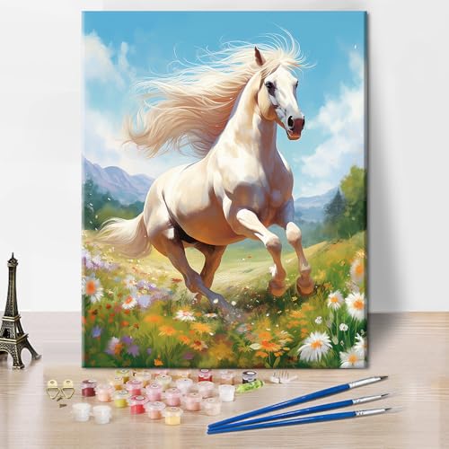 TISHIRON Laufendes Pferd Malen nach Zahlen mit Pinseln und Acrylpigmenten Blumen in Clustern am Meer Malen nach Zahlen Kits DIY Weißes Pferd Ölmalerei Nach Zahlen Kunsthandwerk 40x50cm(Rahmenlos) von TISHIRON