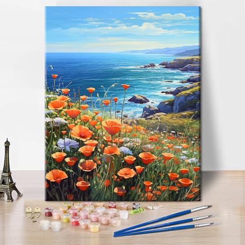 TISHIRON Malen Nach Zahlen, Blumenküstenlandschaft DIY ölgemälde auf Leinwand Set, Malen Nach Zahlen Mohnblumen Malen Nach Zahlen Kits Malen nach Zahlen Erwachsene - Ohne Rahmen 16 * 20 Zoll von TISHIRON