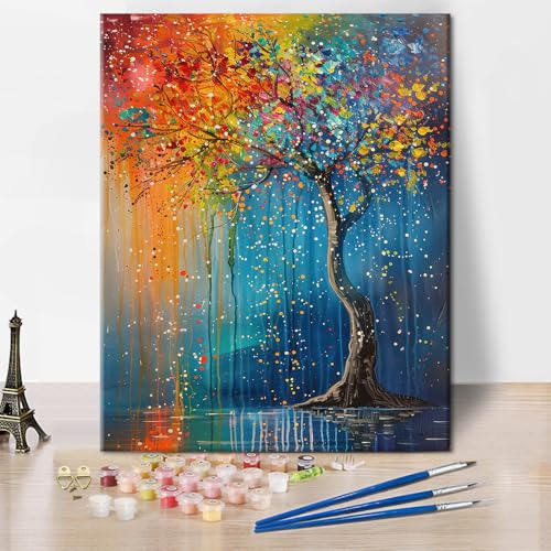 TISHIRON Malen Nach Zahlen Bunter Baum, Baum des Lebens Malen Nach Zahlen Erwachsene, DIY Handgemaltes Ölgemälde Set Mit 3 Bürsten Rahmenlose Leinwand Für Die Heimdekoration - 16 * 20 Zoll von TISHIRON