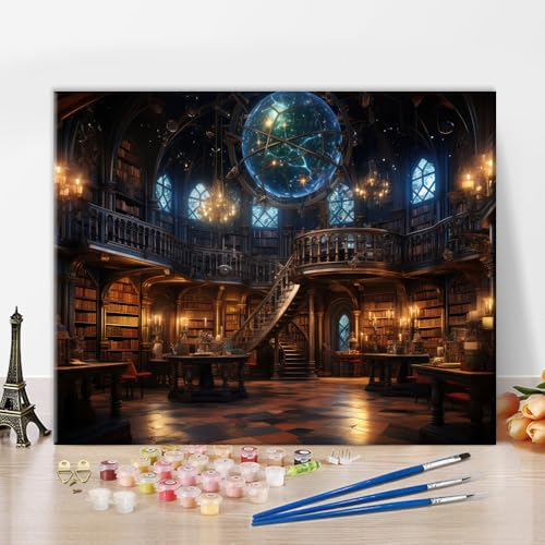 TISHIRON Malen Nach Zahlen Erwachsene, Bibliothek Malen-Nach-Zahlen, DIY Handgemalt Ölgemälde Set Auf Leinwand Mit Pinseln Bibliothek Himmelsglobus Malset Wanddekoration, 40x50cm von TISHIRON