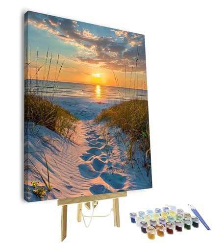 TISHIRON Malen Nach Zahlen Erwachsene, DIY Handgemalt Ölgemälde Kit für Anfänger und Erwachsene Mit 3-Pinseln und Acrylfarbe, 40X50CM (Sonnenuntergang am Meer) -Mit Rahmen von TISHIRON